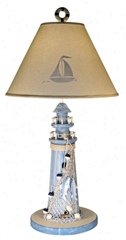 Blue Lighthouse Stenciled Shade Nautical Table Lamp (39734)