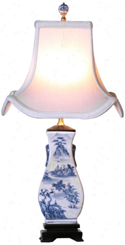Canton Azure And White With Pagoda Shade Porcelain Table Lamp (v2497)