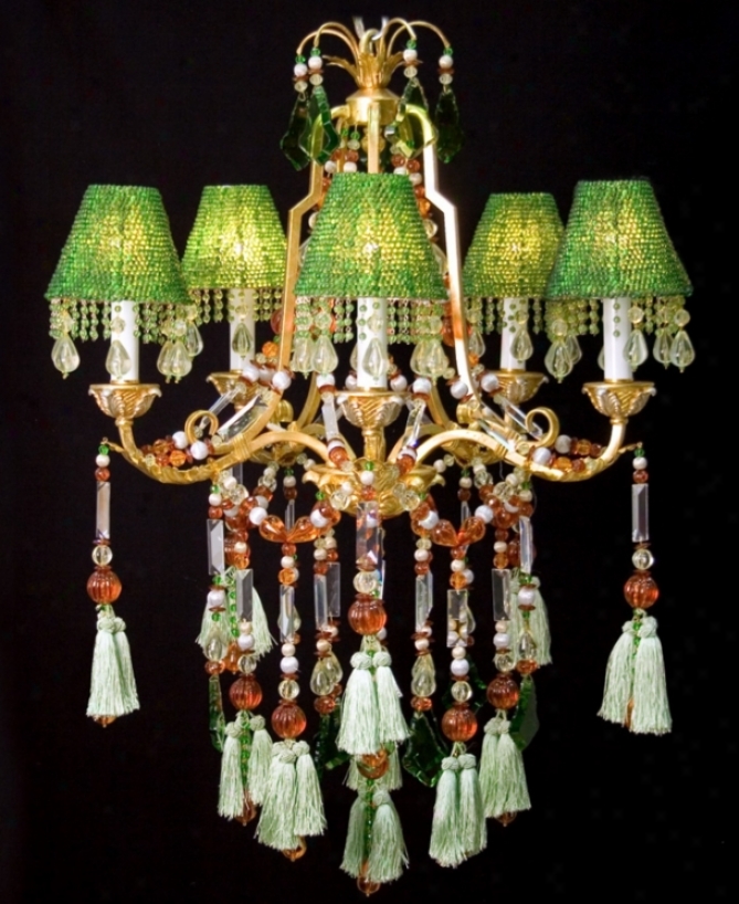Green Beads And Gold Finish Five Light Chandelier (g7410)