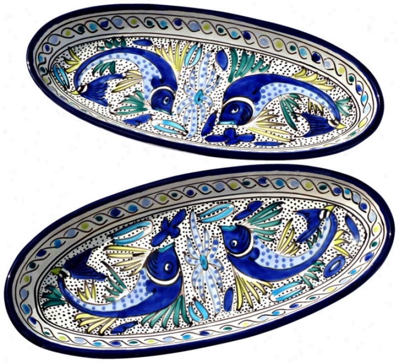 Le Souk Ceramique Aqua Fish Set Of 2 Large Oval Platters (x9910)