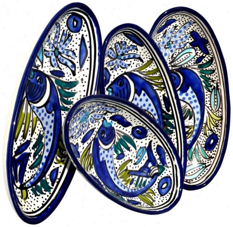 Le Souk Ceramique Aqua Fish Set Of 4 Small Oval Platters (x9911)