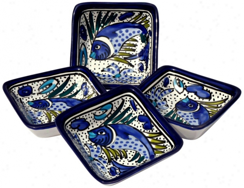 Le Souk Ceramique Aqua Grapple Set Of 4 qSuare Sauce Dishes (x9917)