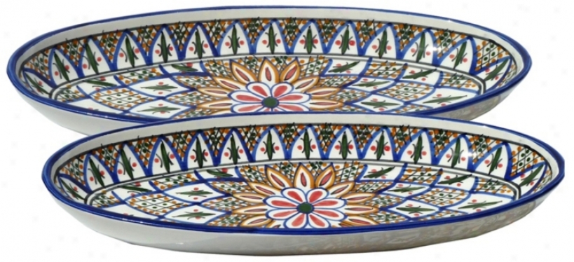Le Souk Ceramique Set Of 2 Tabarka Large Oval Platters (y0074)