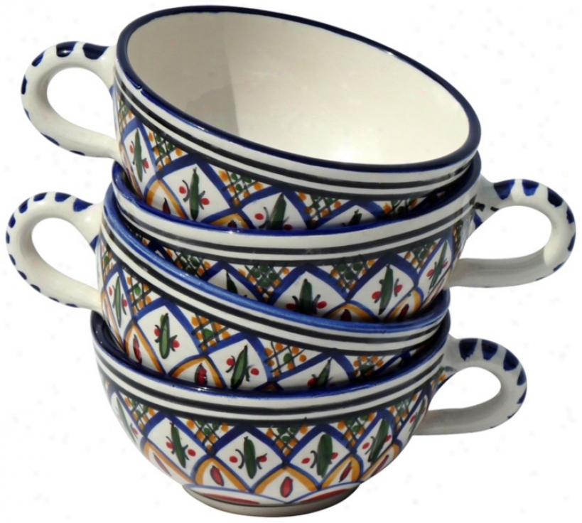 Le Souk Ceramique Set Of 4 Tabarka Design Latte/soup Mugs (y0093)