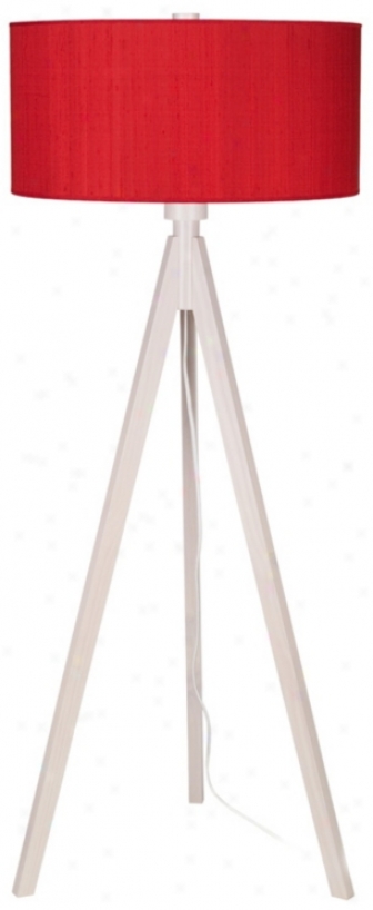 Lights Up! Woody Pickled Red Dupioni Silk Shade Floor Lamp (t2982)