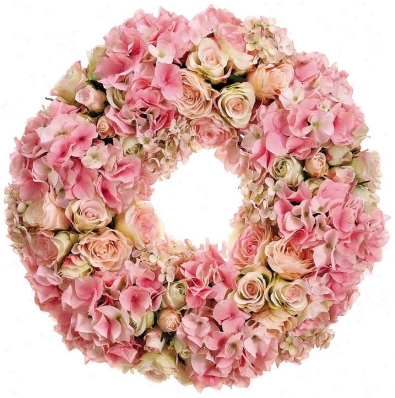 Pink Rose And Hydrangea Faux Silk Wreath (w7623)