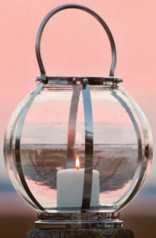 R0und Stainless Steel Strip Glass Candle Lantern (2w979)
