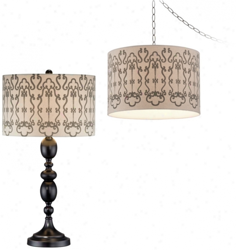 Sepia Scroll Plug-in Swag And Table Lamp Set (v8782)