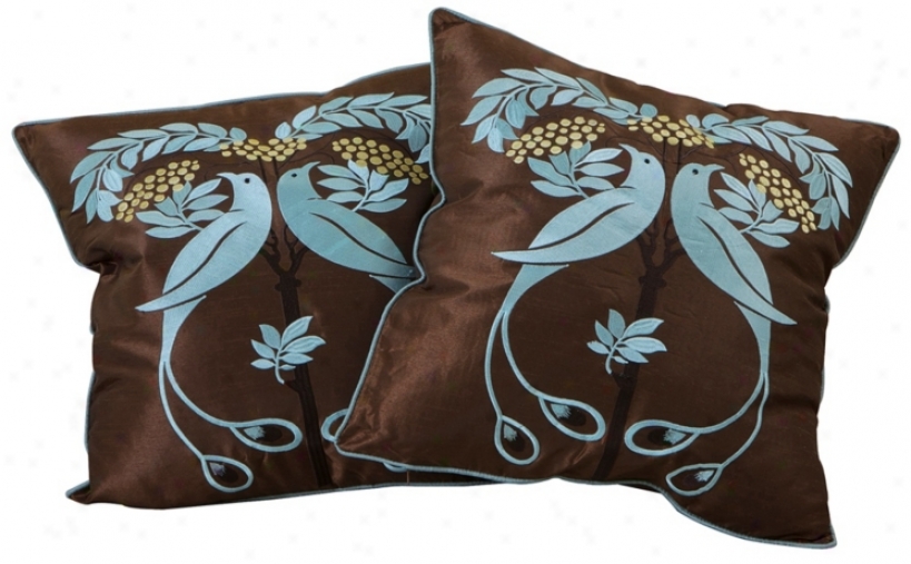 Set Of 2 Blue Bird Embroidered 18" Square Throw Pillows (x8035)