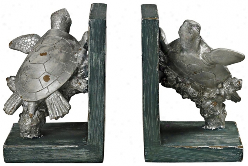 Set Of 2 Swimming Turtle Silver Bookends (x7727)