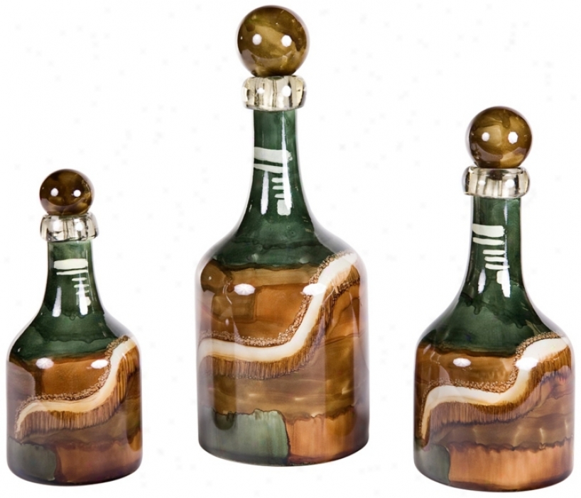 Set Of 3 Art Glass Philosopher Swirl Bottles (w6791)