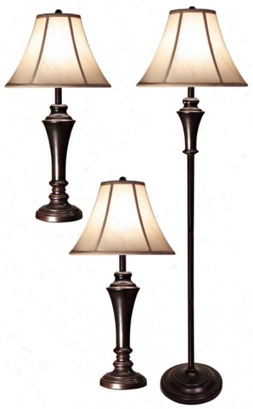Set Of 3 Bronze Wood Table Lamps And Floor Lamp (w5505)