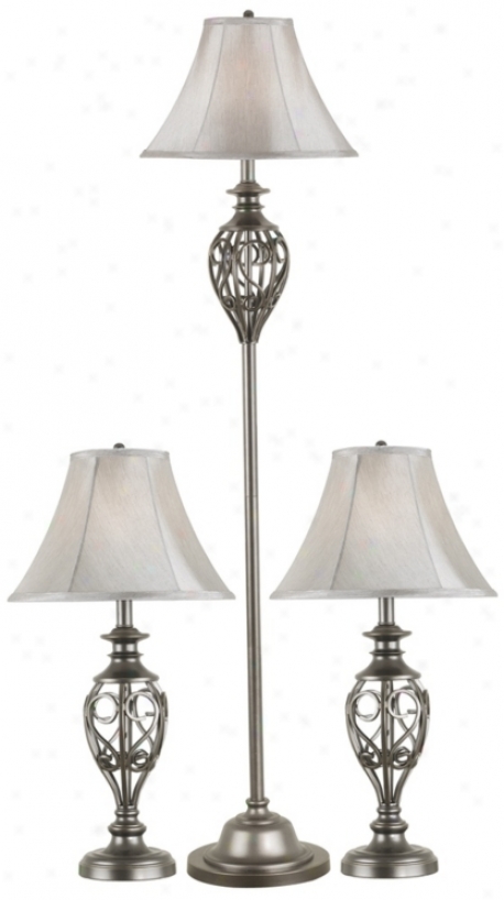 Set Of 3 Cerise Silver Floor And Table Lamps (p0742)