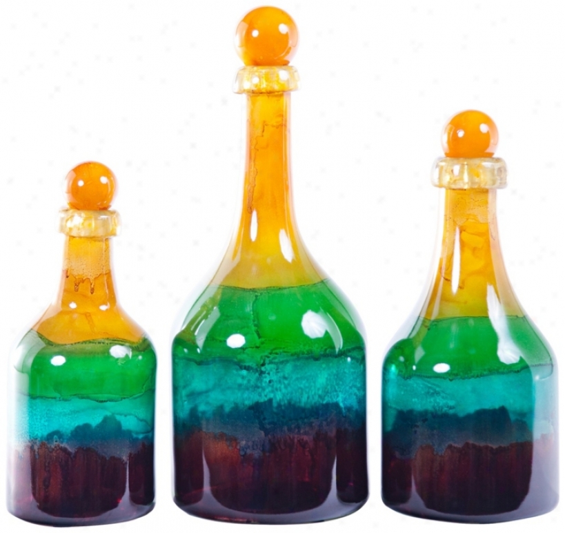 Set Of 3 Cornflower Hand-blown Glass Bottlds With Tops (w7374)