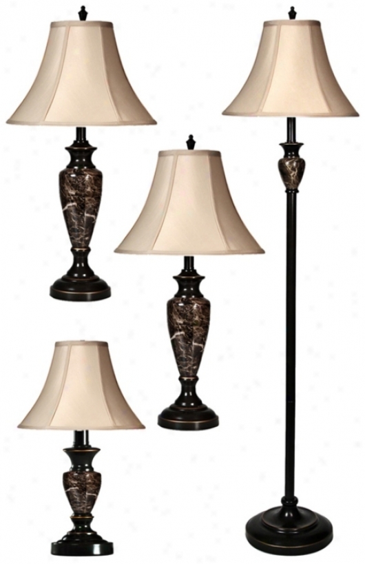 Set Of 4 Aged Brown And Marble Table And Floor Lamps (w5433)