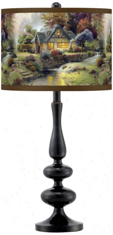 Thomas Kinkade Stillwtaer Cottage Giclee Glow Black Table Lamp (n5714-w6964)