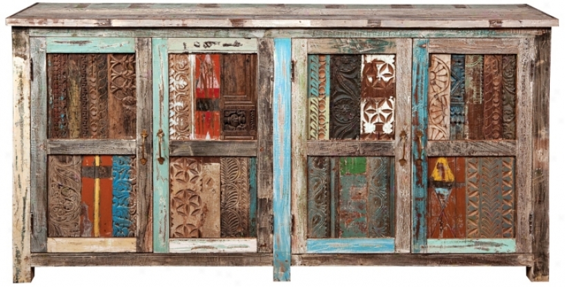 Vintage Carved Array 4-door Wood Buffet (w9526)