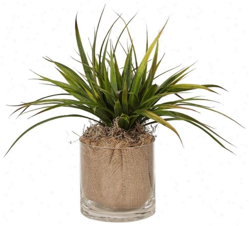 Wood And Burlap Faux Grass In Glass Pot (w5210)