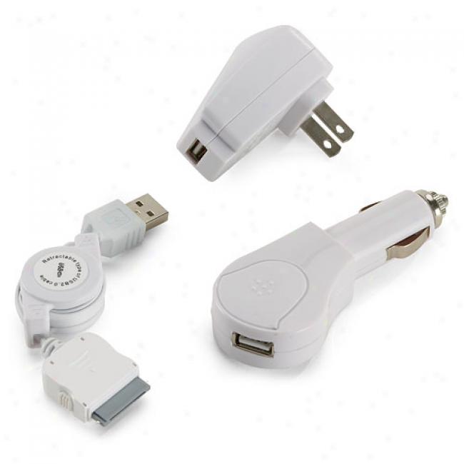 3-in-1 Charger Kit For Ipod, White
