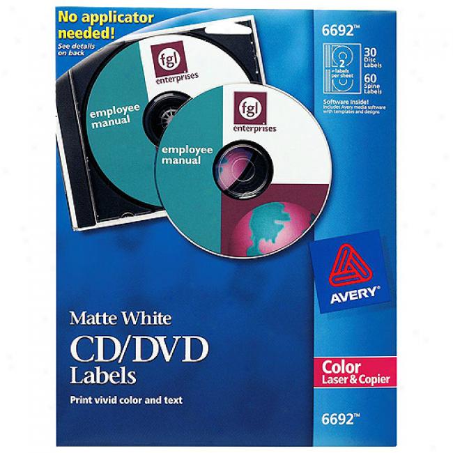 Avery Matte White Cd Labels For Color Laser Printers And Copiers, 30 Disc Labels And 60 Spine Labels