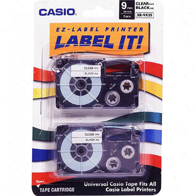 Casio Label Printer Tape For Cwl-300 - 9mm Tape, Black-onc-lear, 2 Pack