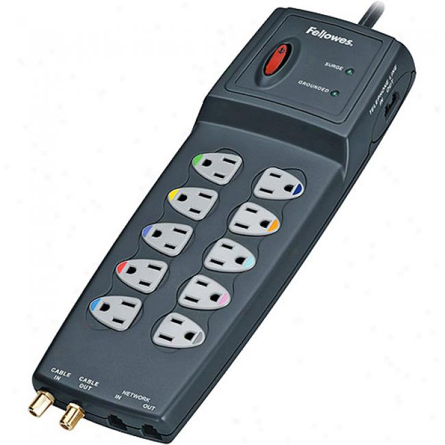 Fellowes 10 Outlet Power Guard Surge Protector With Phonedsl, Coax, Ethernet
