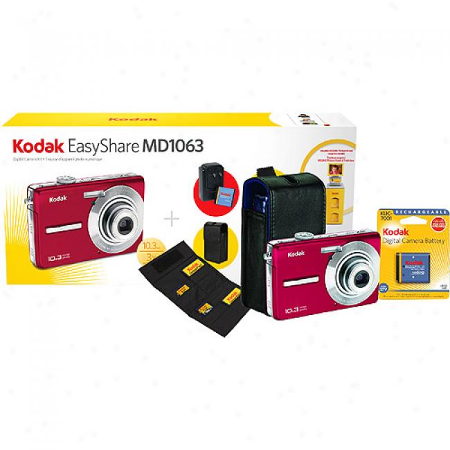Kodak Easyshare M1063 Red 10 Mp Digital Camera Bundle Includes Camera Case, Sd Card Media Wallet, Wall Charger For Nimh Rechargeable Battery (included), And Lcd Cleaning Clergy, 2.7