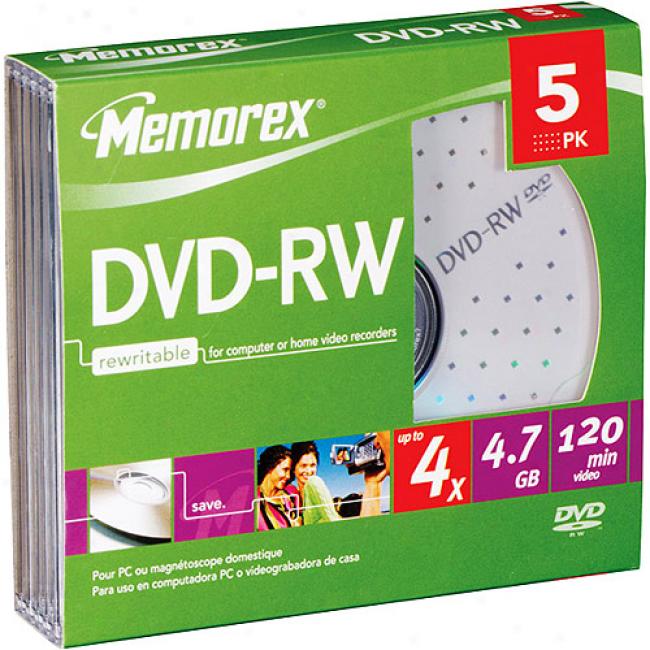 Memorex 2x Rewritable Dvd-rw - 5 Pack, Slim, Jewel Case
