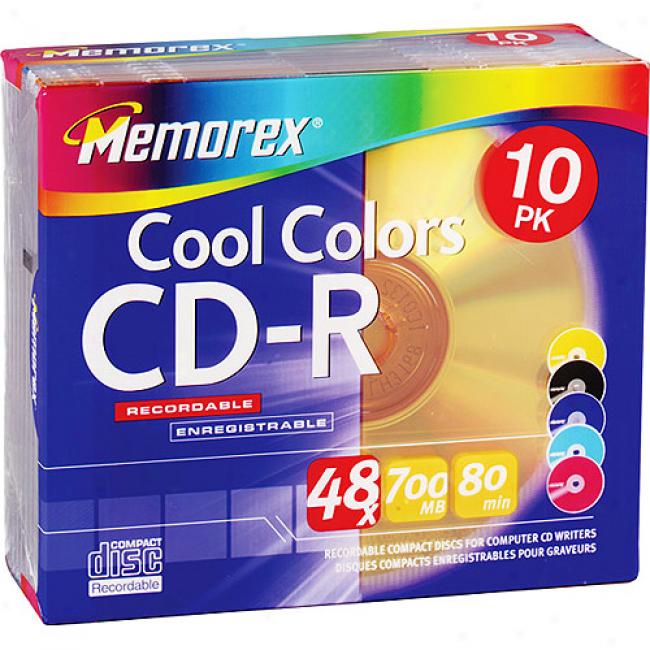 Memorex 48x Cool Colors Write-once Cd-r - 10 Pacl, Slim Jewel Cases
