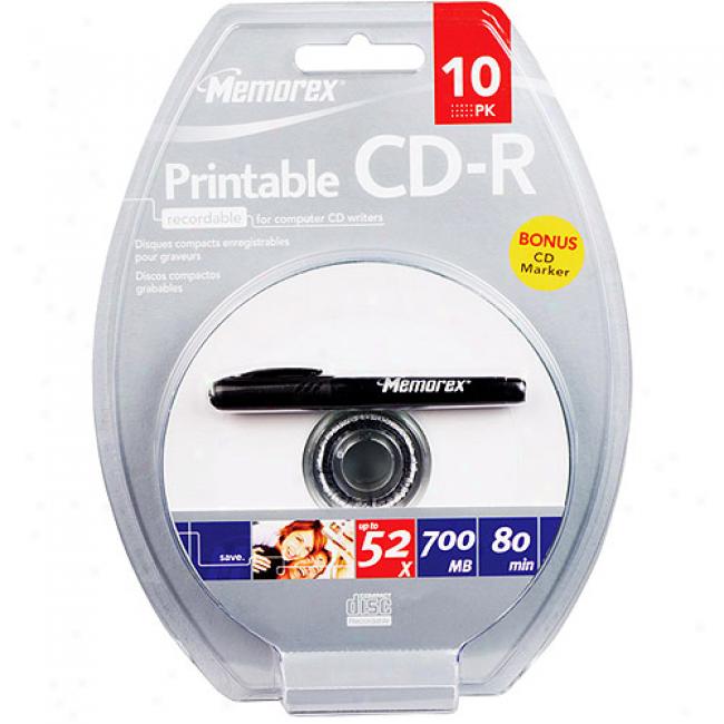 Memorex 52x Write-once Cd-r 80 With White Ink Jet Printable Surface - 10 Disc Spindle With Hang Tab And Marker