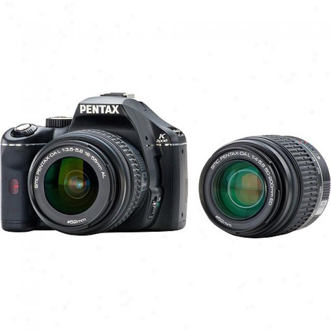 Pentax K2000 Black 10.2mp Digital Slr Camera W/ 18-55mm & 50-200mm Lenses