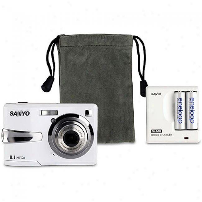Sanyo Xacti Vpc-s870 White 8.1 Mp Digital Camera Bjndle, 3x Optical Zoom & 2.4