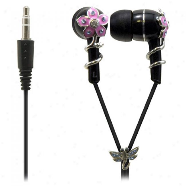 Sentry Jewel Earbud Headphones, Black Enamel Flower