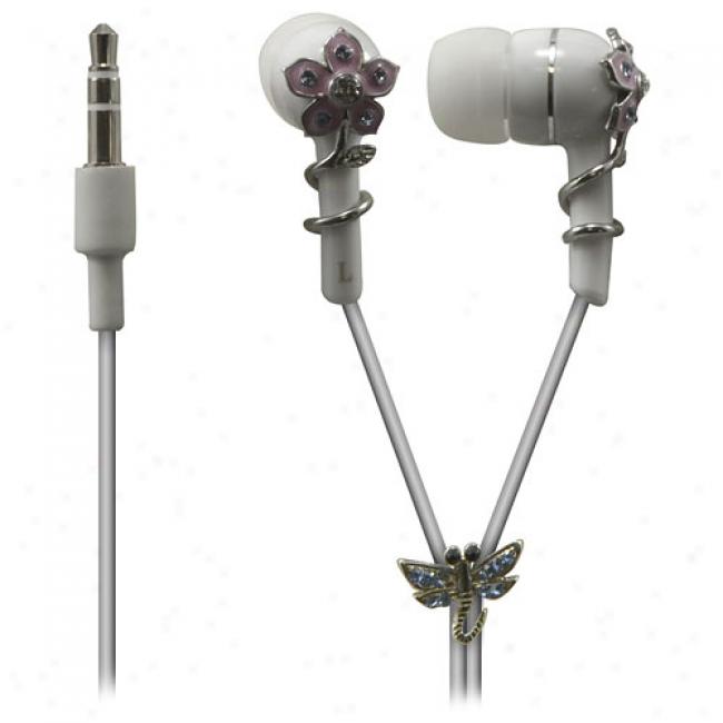 Sentry Jewel Earbud Headphones, White Enamel Flower