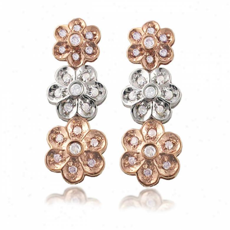 10k Two-tone Three Flower Drop Diamond Earrings
