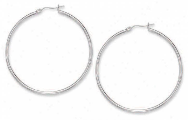 10k White 2 Mm Large Hoop Earrings