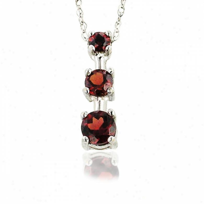 10k White 3 Stone Drop Round Garnet Pendant