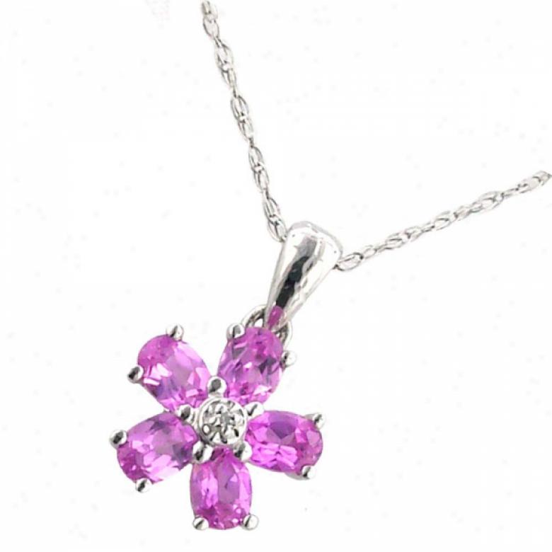 10k White 4x3 Mm Oval Sapphire-pink Flower Cz And Diamond Pe