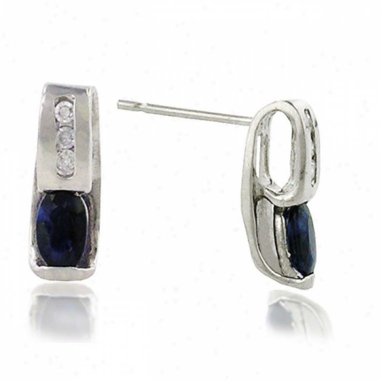 10k White 5x3 Mm Oval Blue And Diamond Earrings