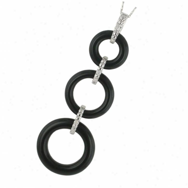 10k White 6-8-10 Mm 3 Circle Black Onyx And Diamond Pendant