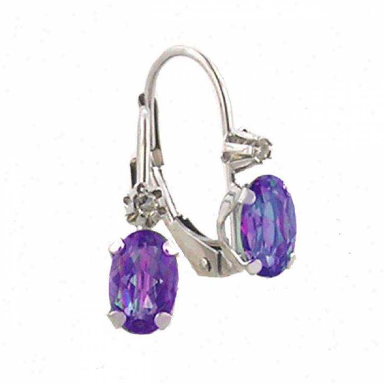 10k White 6x4 Mm Leferback Oval Amethyst And Diamond Earring