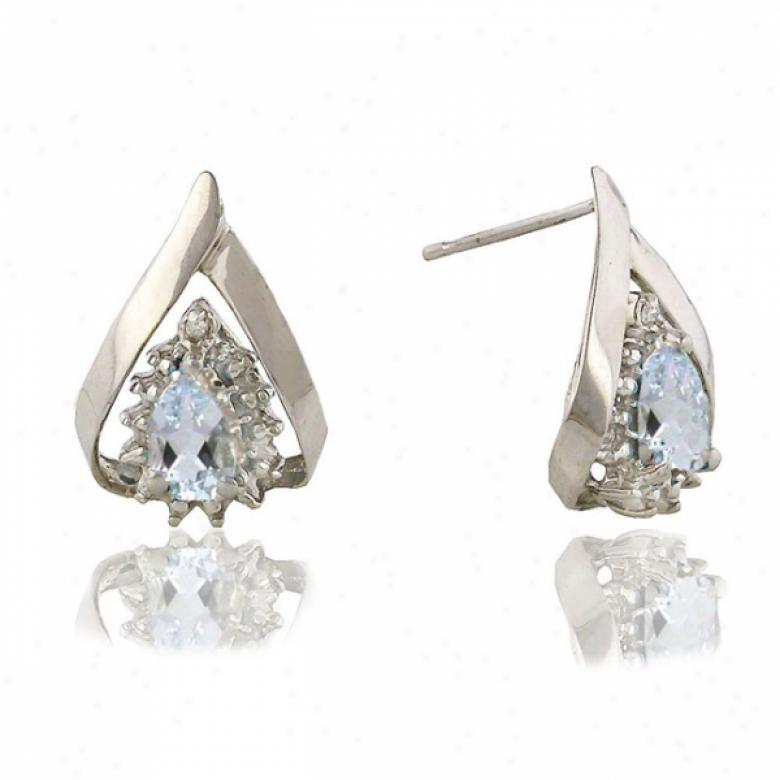 10k White 6x4 Mm Pear Shape Aquamarine And Diamond Earrings