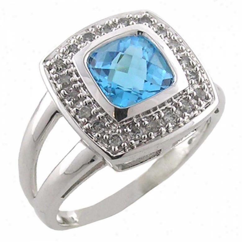 10k White 8 Mm Cushion-cut Blue Topaz And Diamond Ring