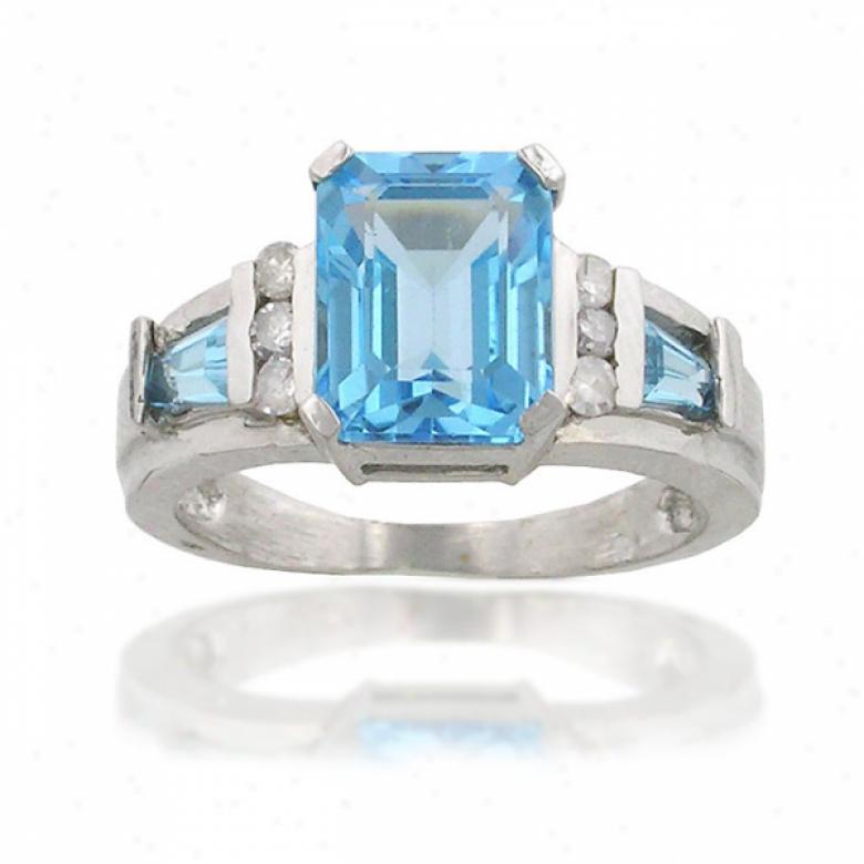 10k White Emerald-cut Blue Topaz And Diamond Ring