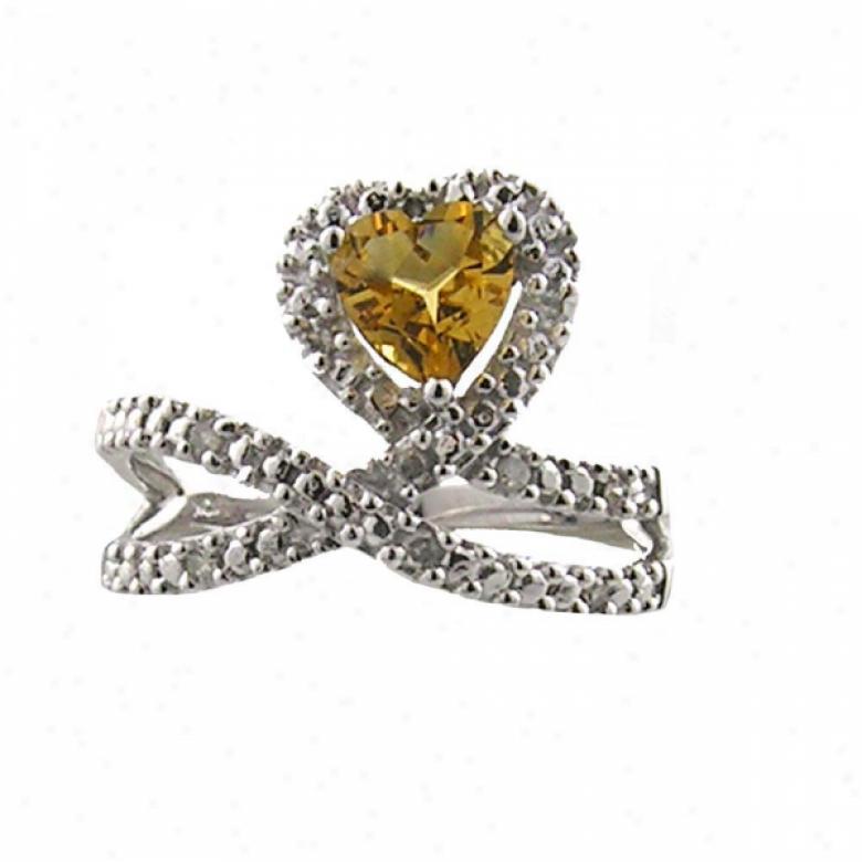 10k White Heart Citrine And Diamond Ring