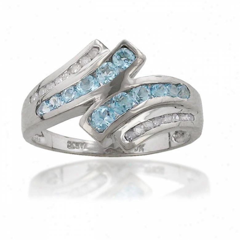 10k White Round Blue Topaz And Diamond Ring