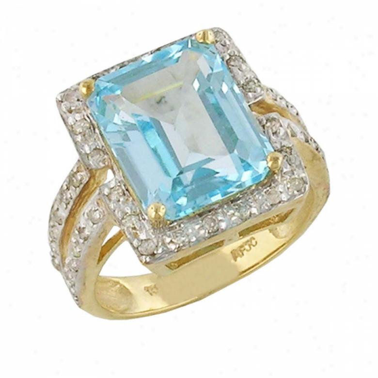 10k Yellow 10x12 Mm Emerald-cut Blue Topaz And Diamond Ring