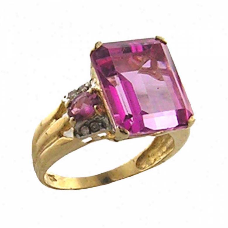 10k Yellow 10x12 Mm Sapphire-pink Cz And Diamond Ring
