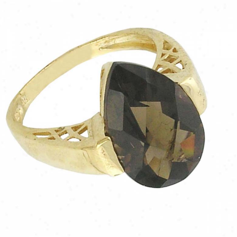 10k Yellow 10x15 Mm Pear Smokey Quartz Ring