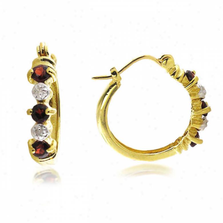 10k Yellow 2.5 Mm Hoop Round Garnet And Diamond Earrings